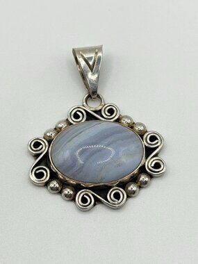 Blue Agate 925 Sterling Silver Pendant With Ornate Design CII Mexico